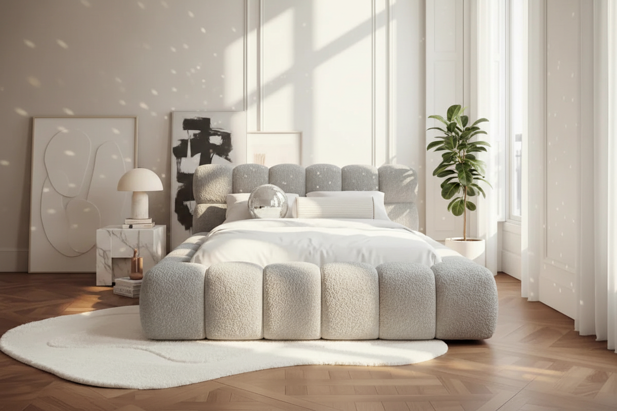 Designer Polsterbett Boston Bouclé mit Stauraum