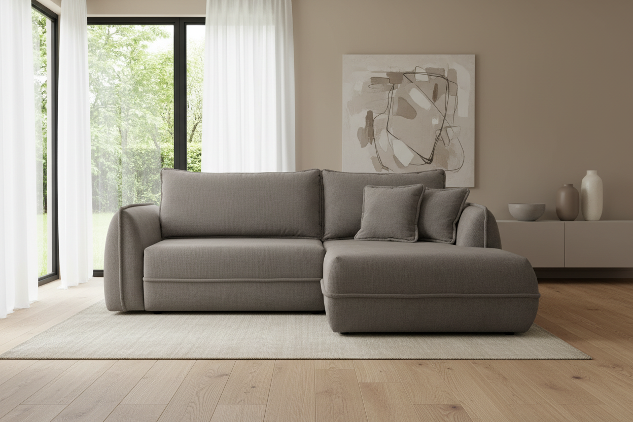 Designer Ecksofa Moho mit Schlaf- und Klappfunktion in Stoff