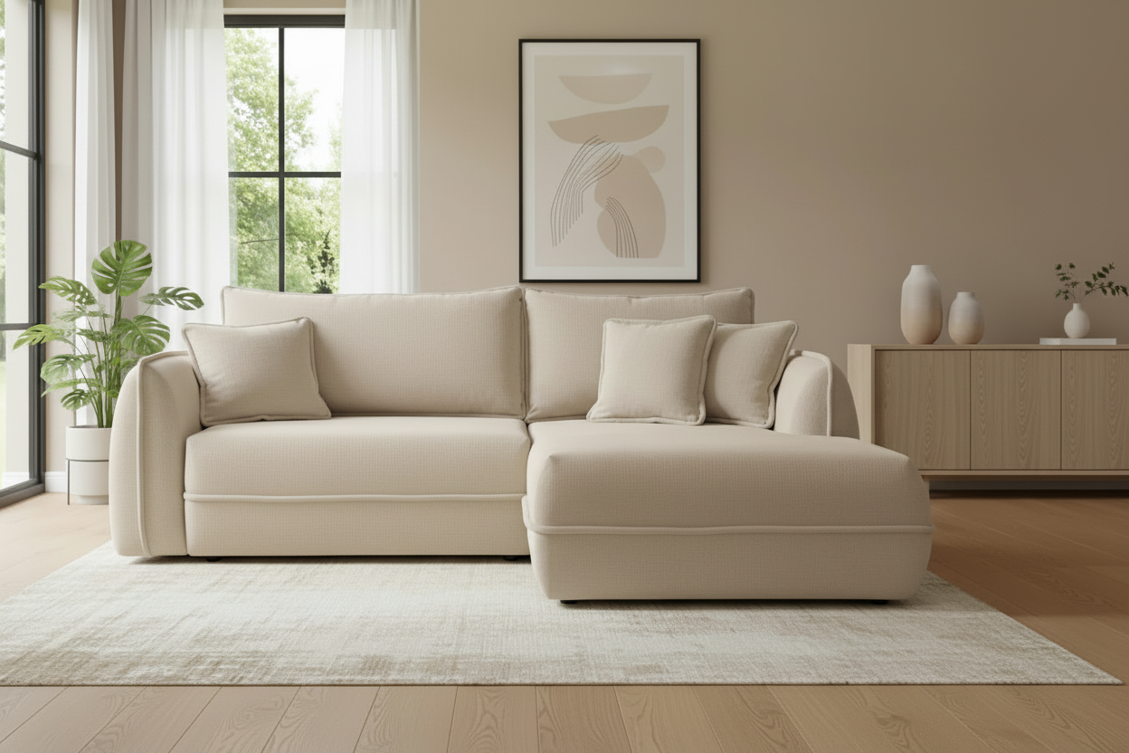 Designer Ecksofa Moho mit Schlaf- und Klappfunktion in Stoff