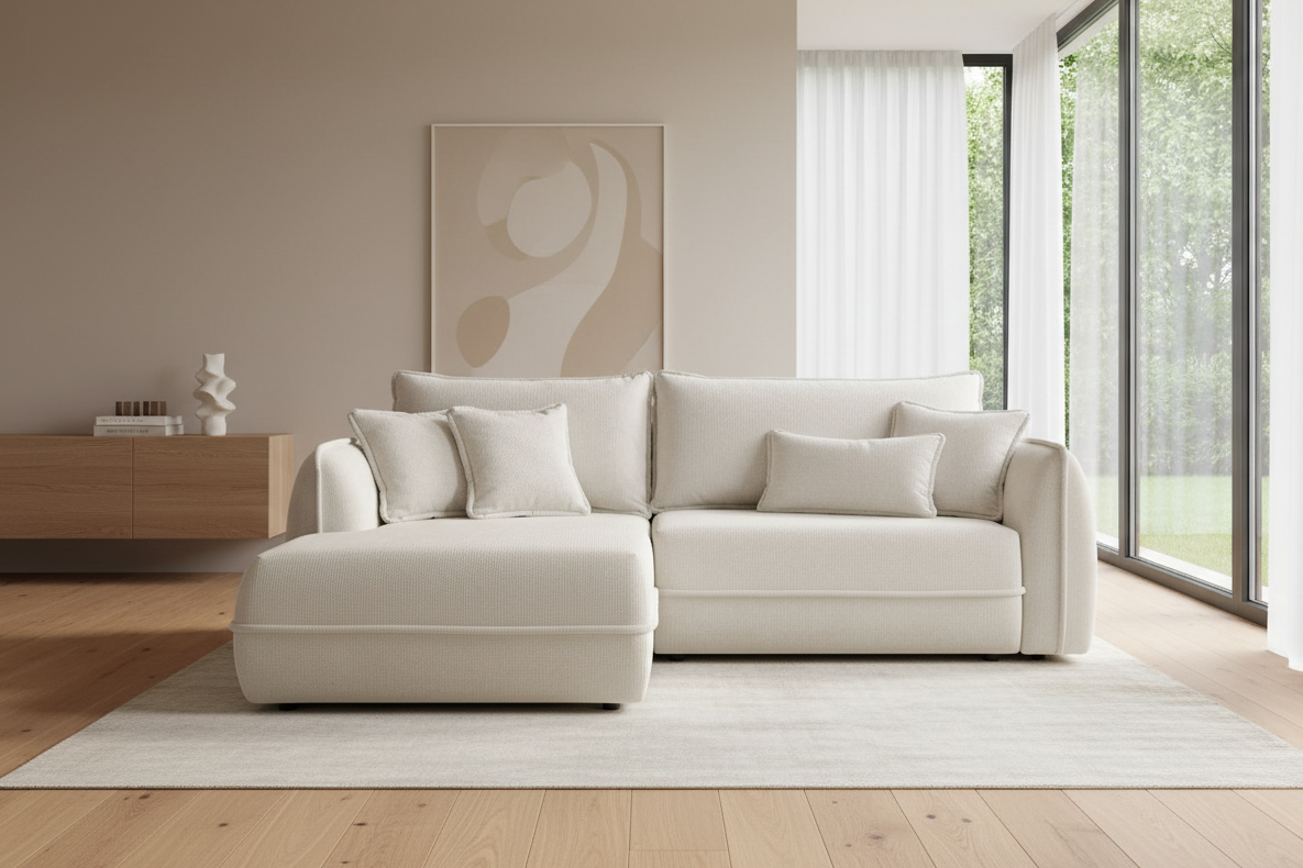 Designer Ecksofa Moho mit Schlaf- und Klappfunktion in Stoff