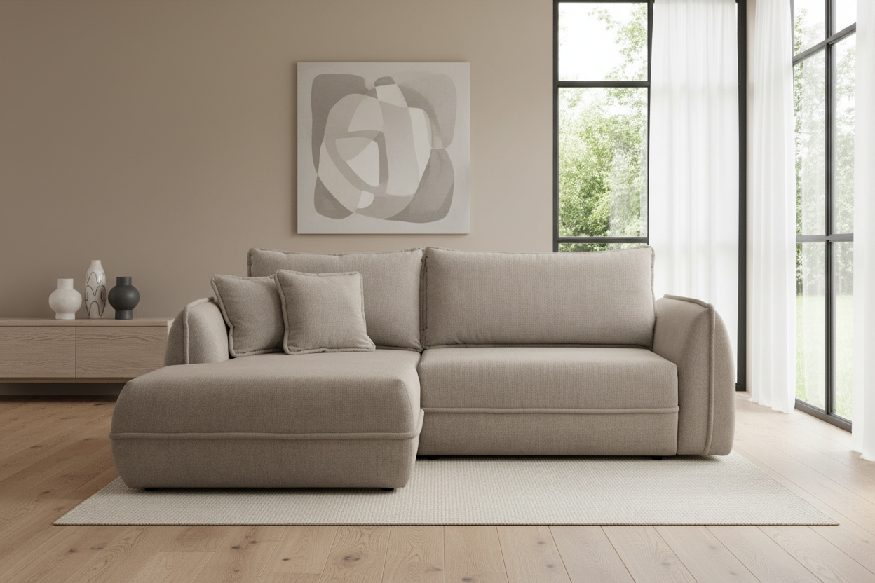 Designer Ecksofa Moho mit Schlaf- und Klappfunktion in Stoff