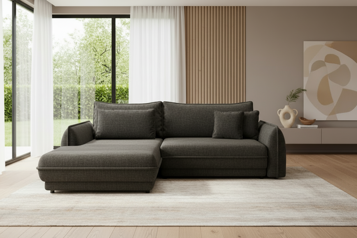 Designer Ecksofa Mojave I mit Schlaf- und Klappfunktion in Stoff