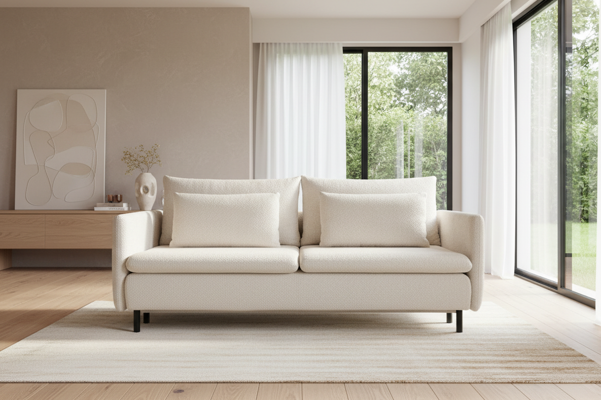 Designer 2‑Sitzer Sofa Mora mit Schlaffunktion in Bouclé