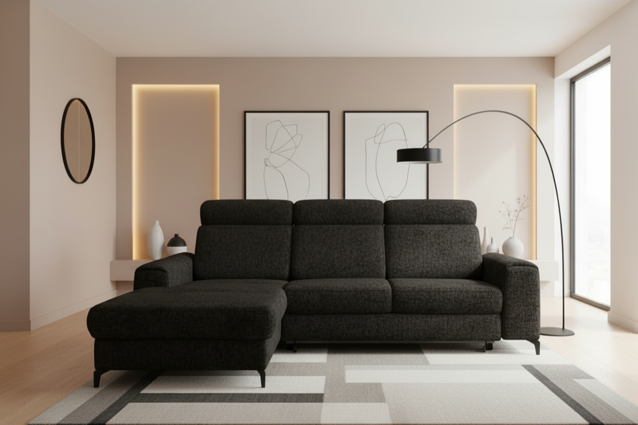 Designer Ecksofa Notte mit Schlaffunktion & Bettkasten in Chenille