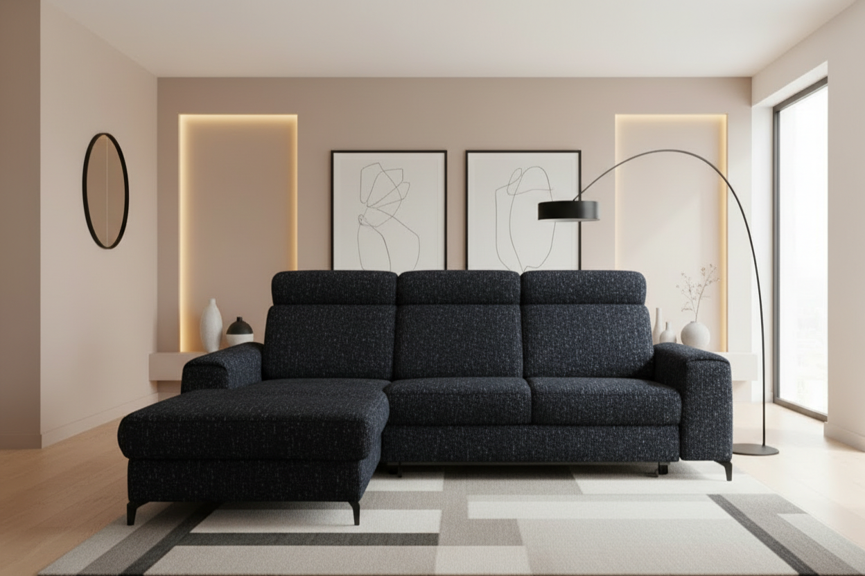 Designer Ecksofa Notte mit Schlaffunktion & Bettkasten in Chenille