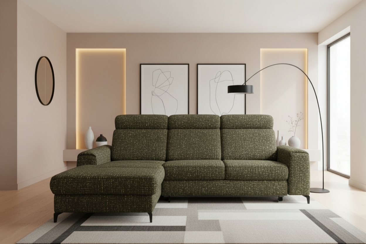 Designer Ecksofa Notte mit Schlaffunktion & Bettkasten in Chenille