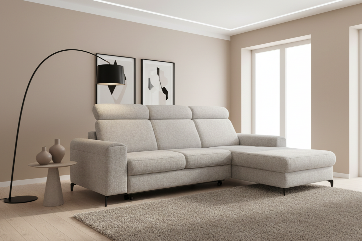 Designer Ecksofa Notte mit Schlaffunktion & Bettkasten in Chenille