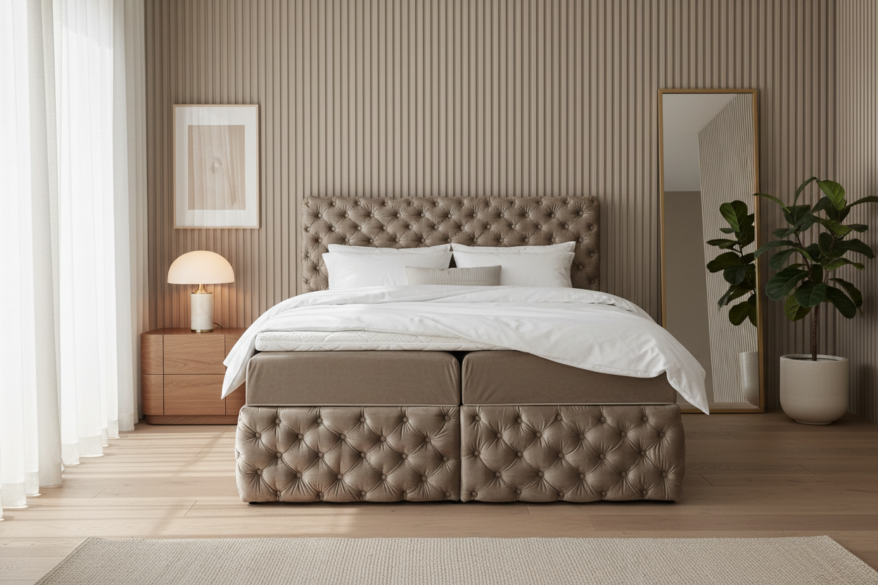 Taupe Chesterfield Boxspringbett Premium Frontalansicht