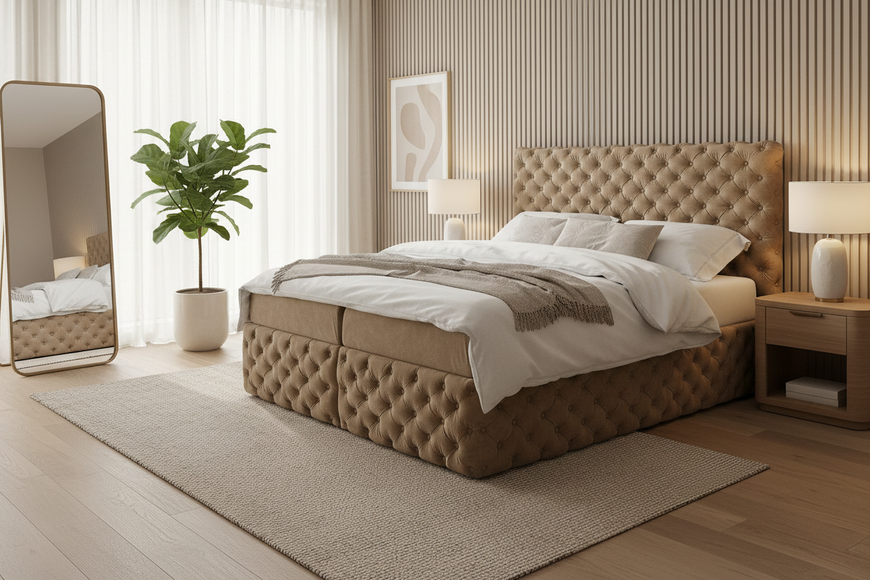 Taupe Chesterfield Boxspringbett Premium Schrägansicht 45°