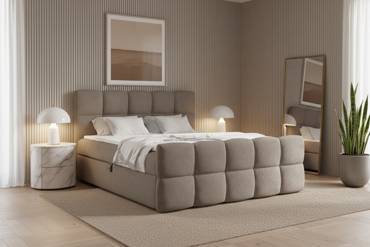 Taupe Valentino Boxspringbett Premium Schrägansicht 45° natürlich