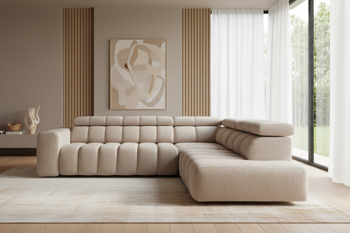 Designer Ecksofa Zürich mit elektrischer Sitzverlängerung in Chenille