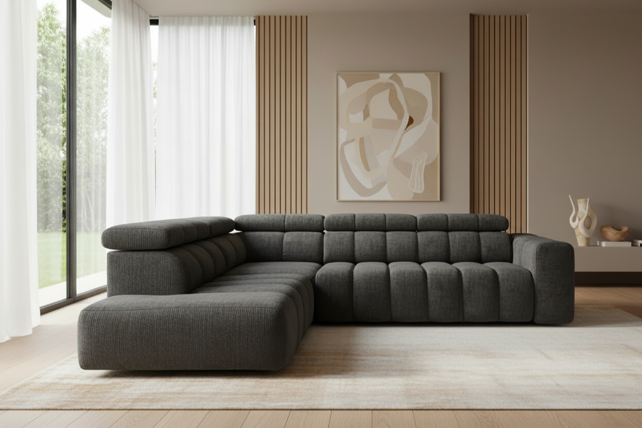 Designer Ecksofa Zürich mit elektrischer Sitzverlängerung in Chenille