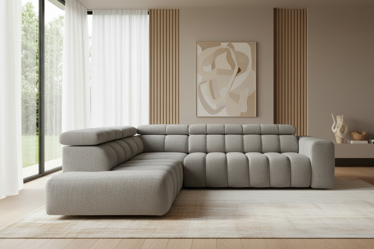 Designer Ecksofa Zürich mit elektrischer Sitzverlängerung in Chenille