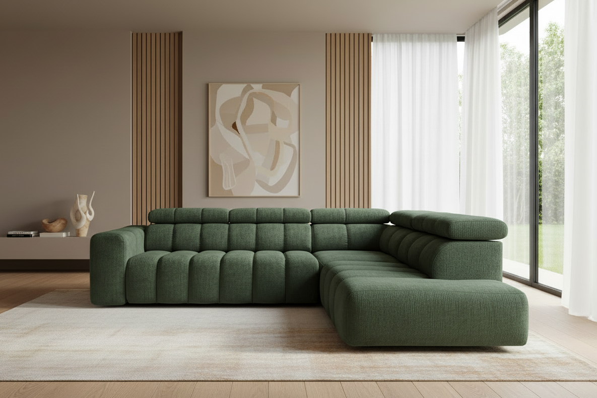 Designer Ecksofa Zürich mit elektrischer Sitzverlängerung in Chenille