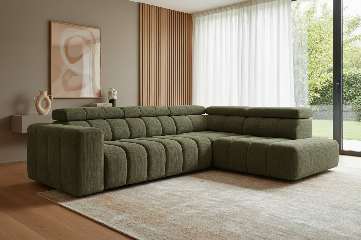 Designer Ecksofa Zürich mit elektrischer Sitzverlängerung in Chenille