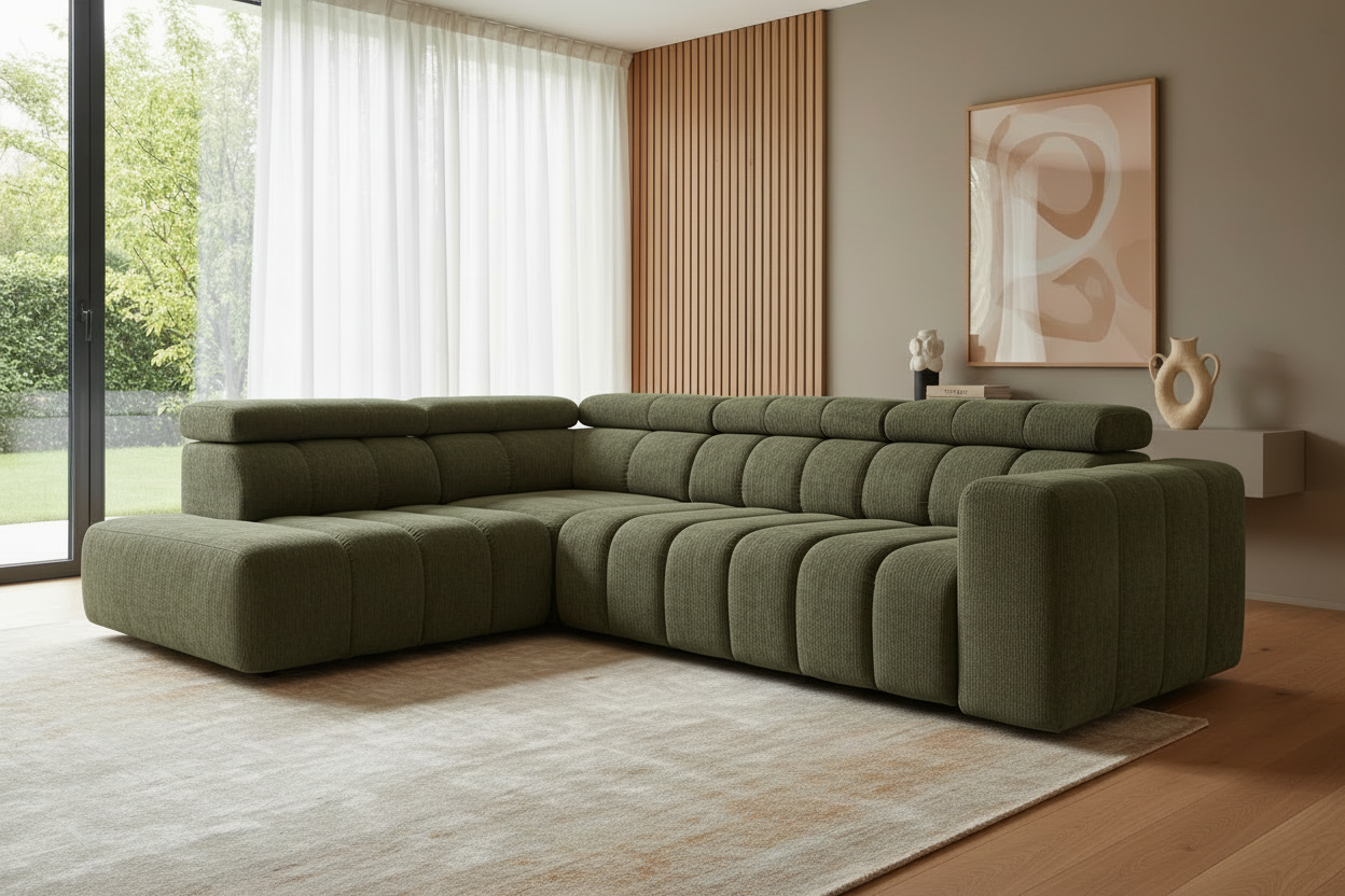 Designer Ecksofa Zürich mit elektrischer Sitzverlängerung in Chenille